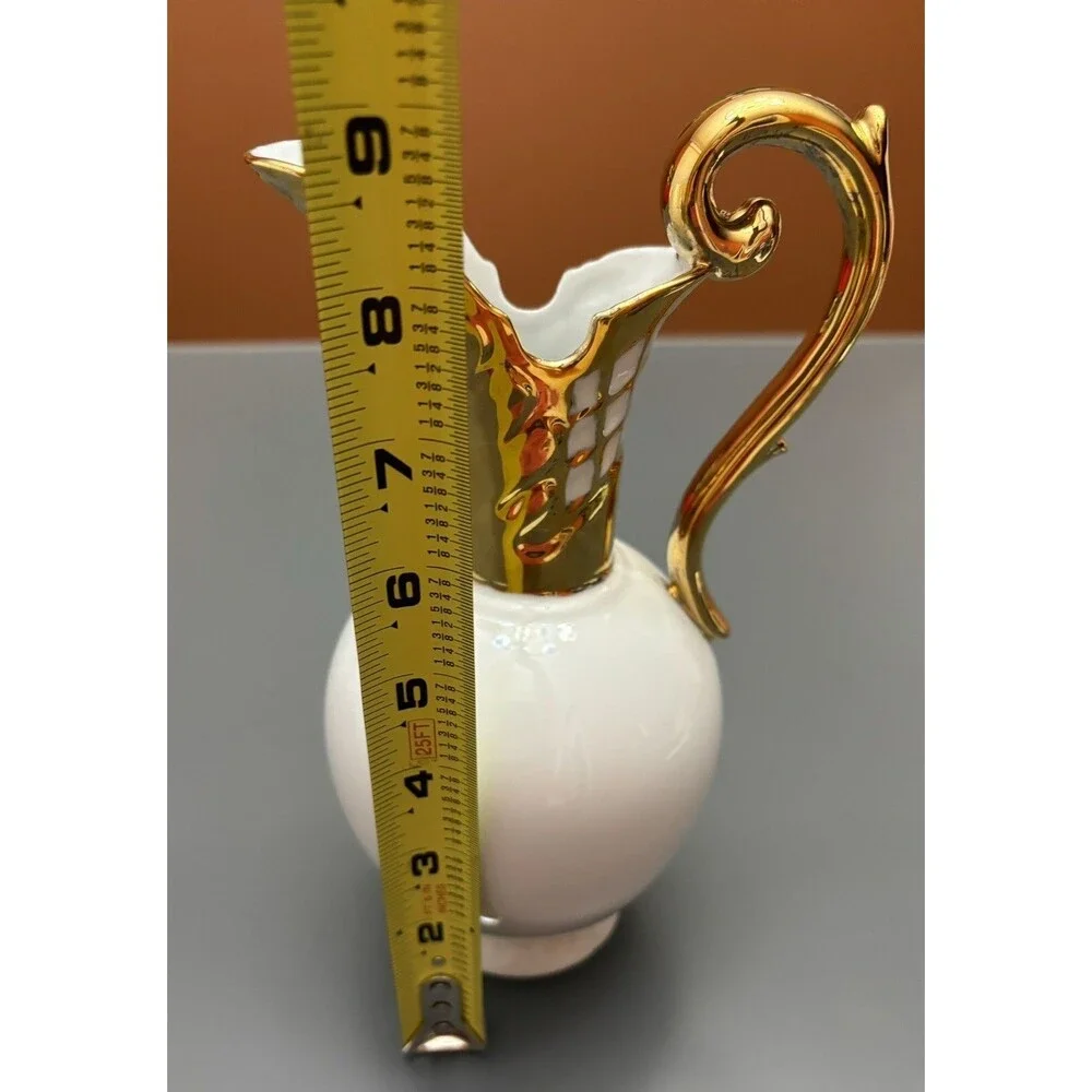Vintage Hand Painted Bud Vase Pitcher, White Gold, Signed, Mid Century Modern